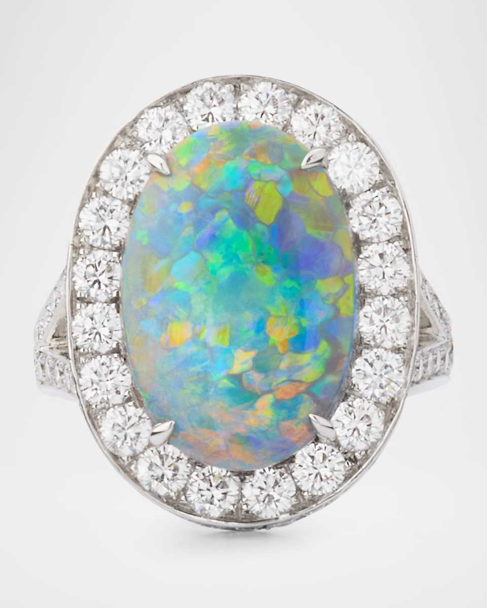 Platinum Diamond and Black Austrlian Opal Shank Statement Ring